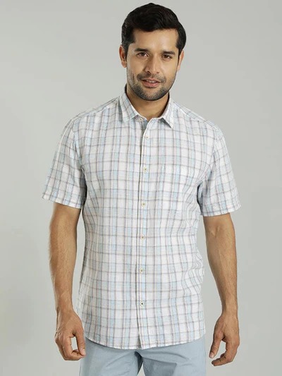 Indian Terrain Men's Regular Fit Half Sleeve Checkered Off White Shirt